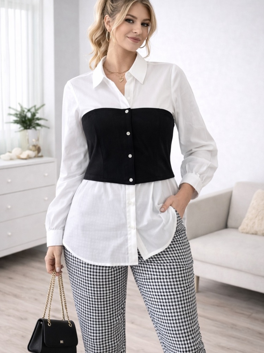 Women's Black Bustier Layered Over White Button-Down Shirt